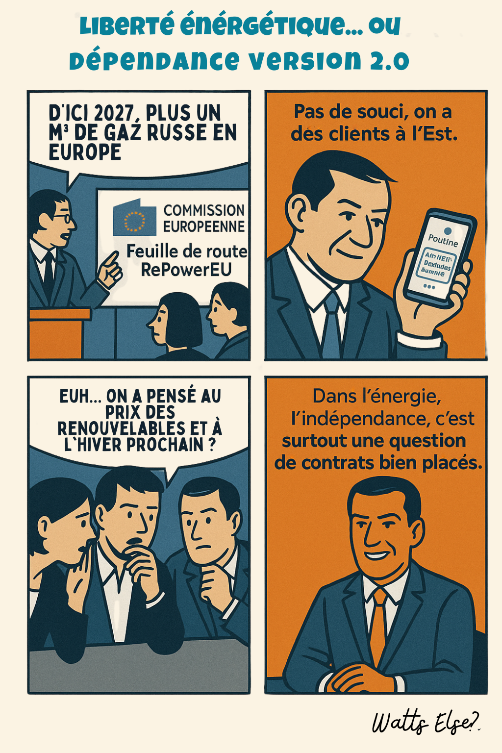 BD pédagogique sur La Commission européenne veut couper les ponts avec la Russie d'ici 2027... mais à quel prix ? - RePowerEU et Géopolitique énergétique | Watts Else?