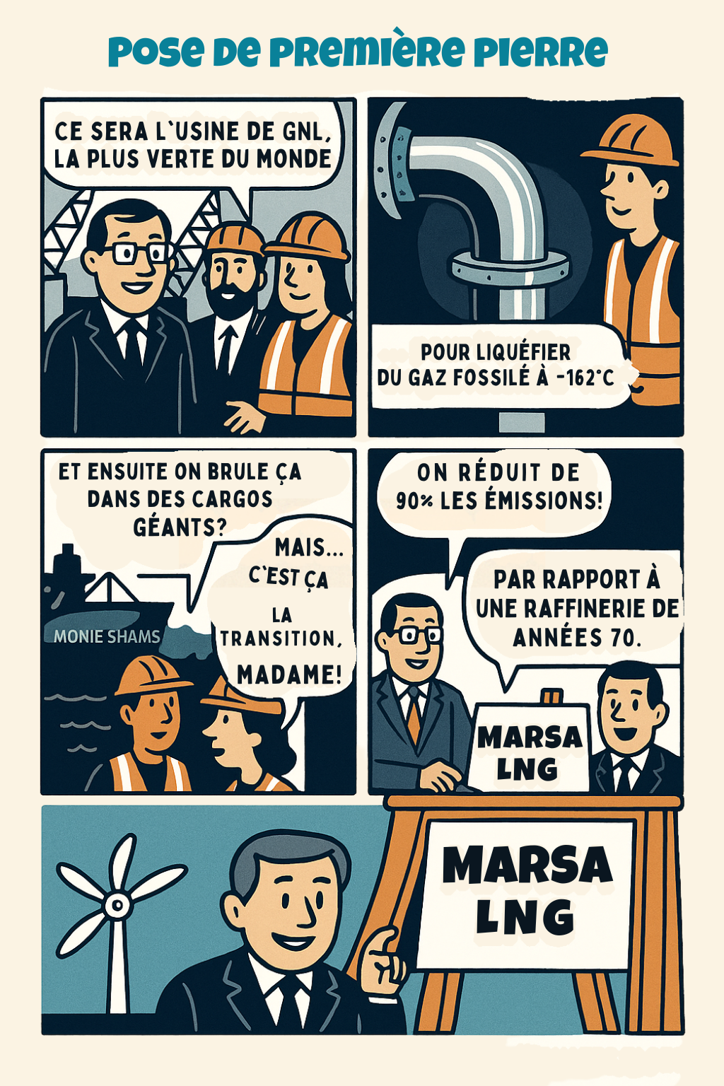BD pédagogique sur Pose de première pierre, version TotalEnergies - GNL et Transport maritime | Watts Else?