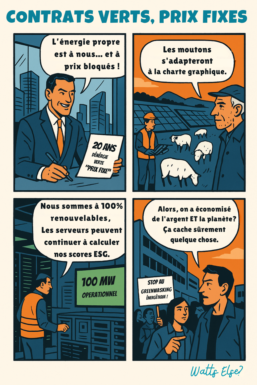 BD pédagogique sur Contrats verts, Prix fixes - Greenwashing et PPA | Watts Else?
